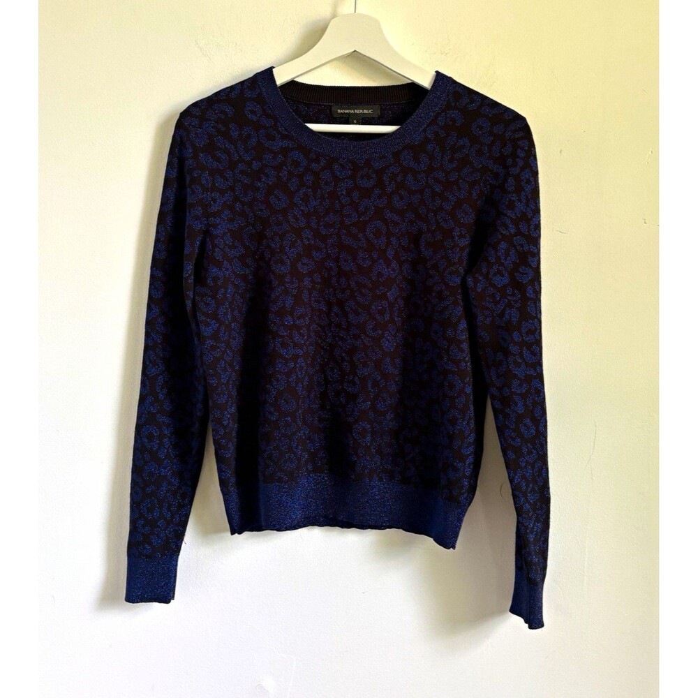 Banana Republic Womens Sz S Blue Black Animal Print Metallic Knit Sweater leopar
